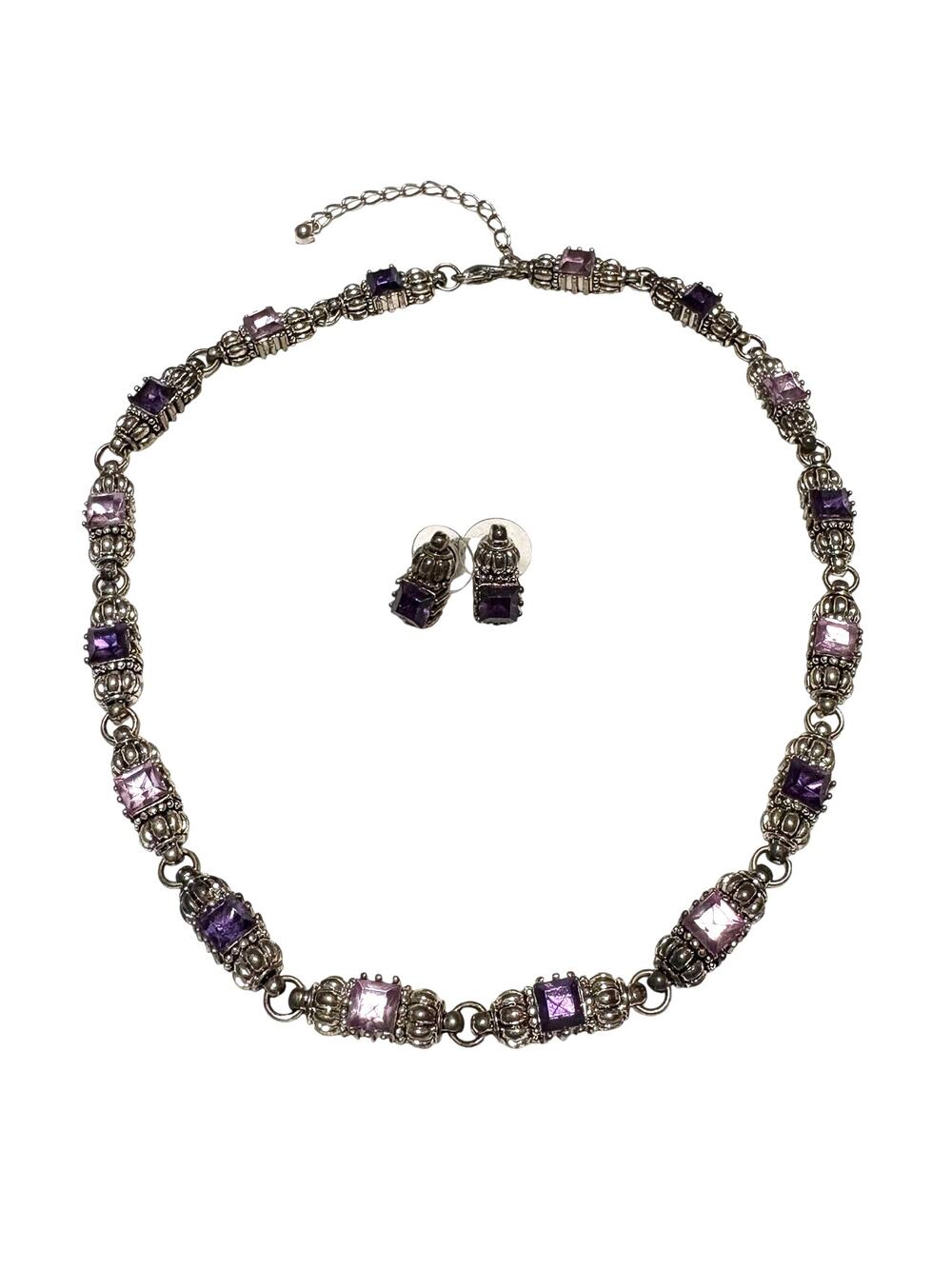 Elegant Necklace Earrings Silver Tone Purple Lavender Rhinestone Cocktail Formal